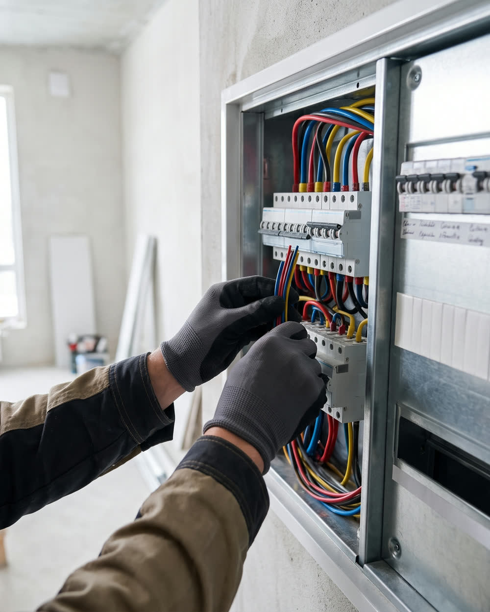 Elektriker verdrahtet einen modernen Verteiler