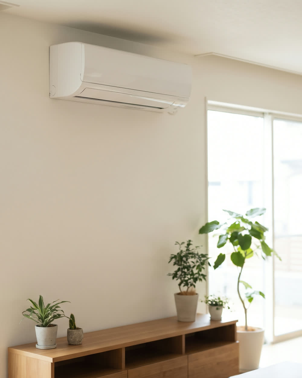 Moderne Split-Klimaanlage an der Wand eines hellen Wohnraums